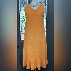Francesca Bettini Orange Sleeveless V Neck 100% Linen Midi Dress Womens Size L